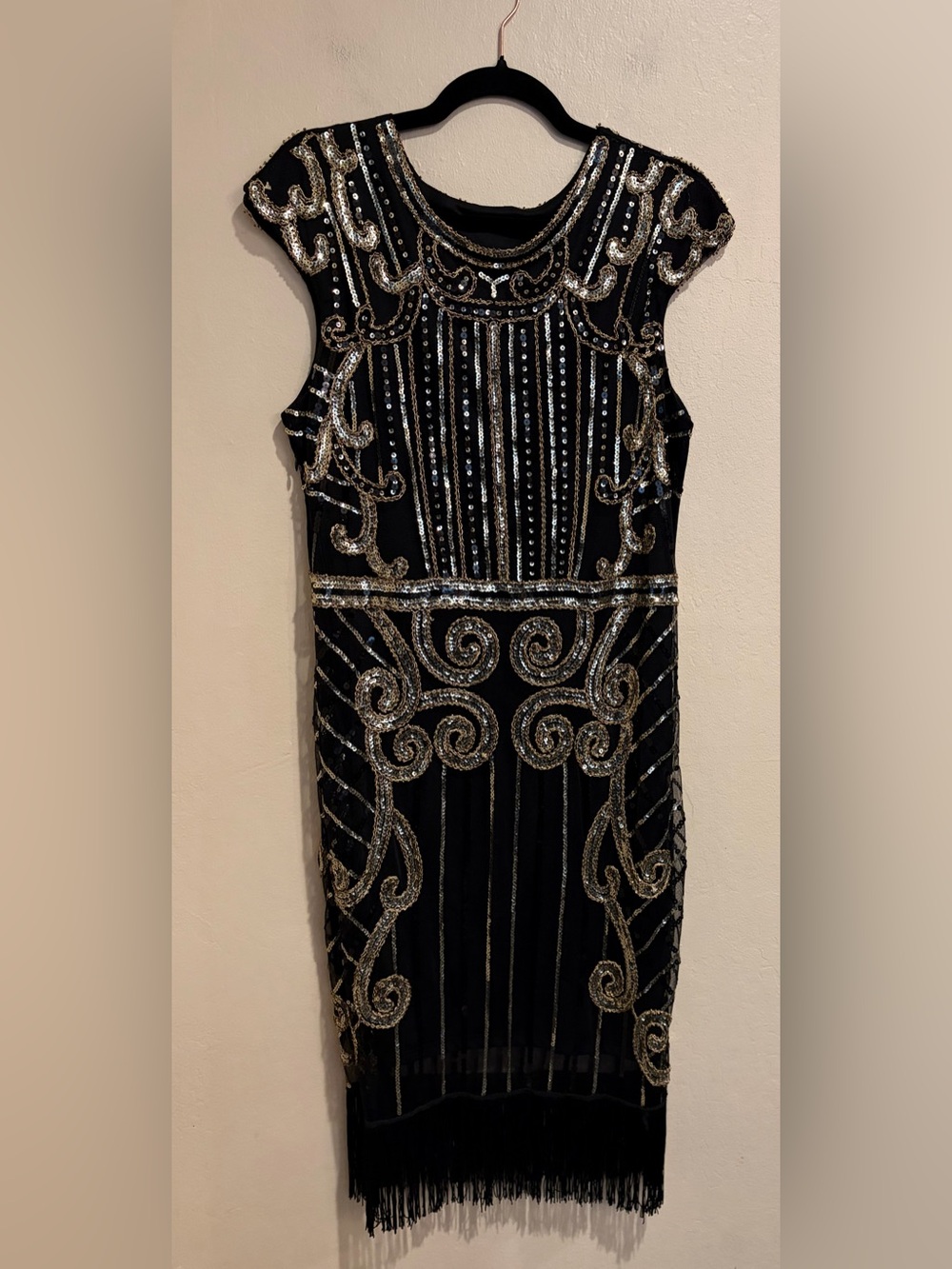 Gorgeous Art Deco Silver & Gold 1920s Flapper Dress with Fringe, size XL